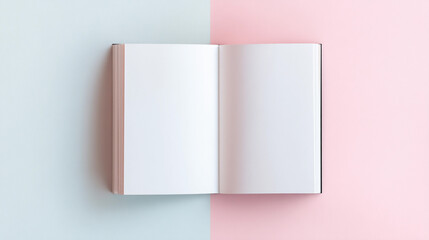 Fototapeta premium Open blank book resting on a pastel background inviting creativity and inspiration for writing and art activities