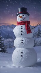 Obraz premium Charming snowman, starry night, snowy landscape, whimsical, christmas, bright