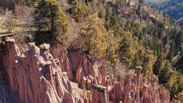 Aerial view Natural Earth Pyramids in Renon, Ritten, South Tyrol, Italy.