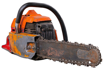 An old, neglected and rusty petrol saw for cutting wood and felling trees in the forest.