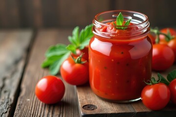 Jar of vibrant red tomato puree, fresh tomatoes on rustic wood , rustic, organic, sauce