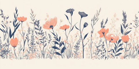 Naklejka premium Elegant Floral Meadow Border Design Featuring Peach and Navy Blue Wildflowers and Grasses Seamless Pattern Illustration