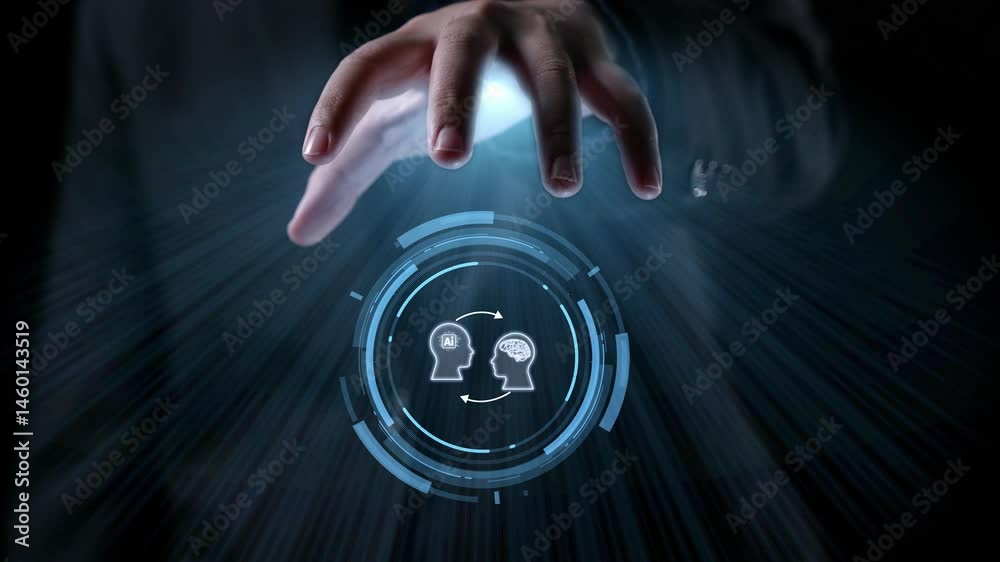 Poster human interact with ai artificial intelligence brain processor in concept of ai artificial intellige
