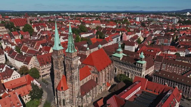 Aerial drone view of St. Sebald Church (Sebalduskirche) in N&uuml;rnberg, Germany