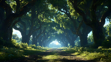 Fototapeta premium Pixelated Forest Path Sunlight Glowing Trees