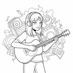 Obraz premium Young Musician Playing Guitar with Headphones in Creative Design