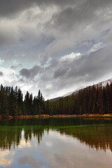 Emerald-green, reflective small pond encircled by thick conifer forests near Maligne Lake Rd., in a rainy autumn morning. Jasper NP-Alberta-Canada-222