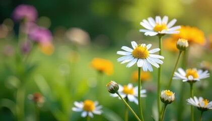 Fototapeta premium Delicate chamomile blooms in vibrant garden setting , illustration, design