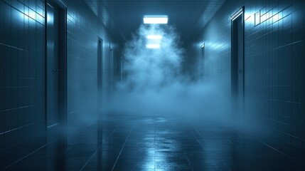 Foggy, blue-lit corridor with doors