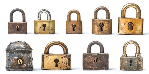 Collection of Antique Padlocks: Vintage Brass and Metal Locks on White Background