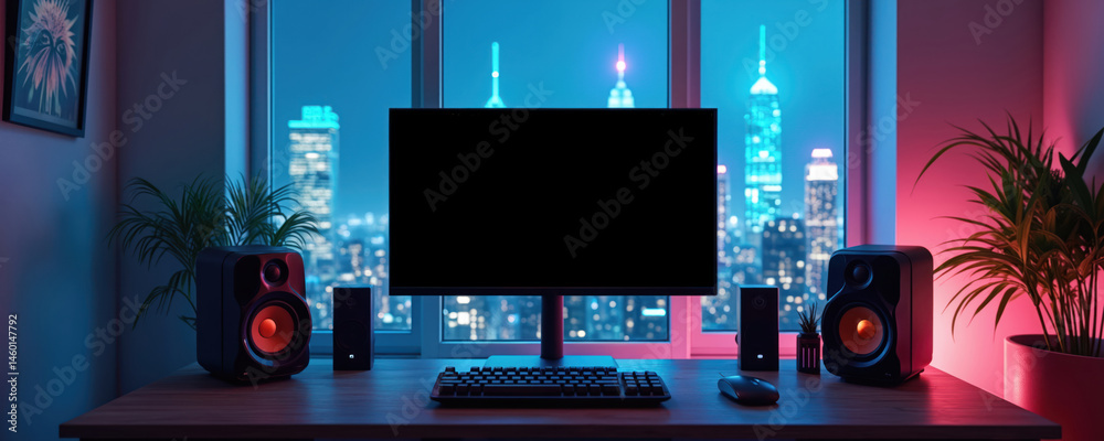 Fototapete Modern workplace with computer screen, speakers, keyboard mouse. Programming coding in cyber office. Night cityscape window. Software development, remote work station, online digital business, work