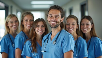 Group medical professionals smiling, posing for photo. Healthcare team, doctor, nurses, hospital staff colleagues in blue uniform with stethoscope. Medical workers, positive mood, happy faces.