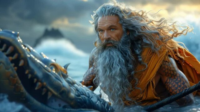 Neptune and Poseidon: ancient sea god, water mastery, Olympian figure, Ahti link, Aegir domain, Njord brother, mythic power, aquatic sovereignty, Greek myth, divine ocean lord.