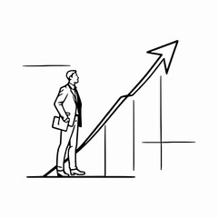 Businessman standing on growth chart looking upwards achieving success and financial goals concept black and white sketch style illustration