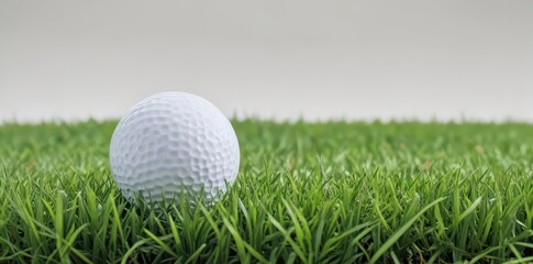 Obraz premium A pristine golf ball rests in vibrant green grass against a pure white backdrop , freshness, texture