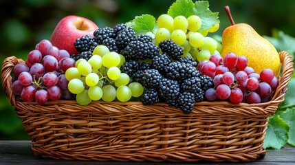 Fresh fruit basket with apples, grapes, pears, and blackberries