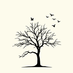Silhouette of bare tree with flying birds graphic illustration