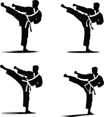 Set of Martial Artist Silhouette Performing High Kick – Side View Vector in Karate Uniform on White Background