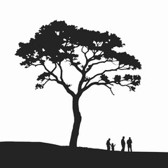 Silhouette of a majestic tree with family gathering at base illustration,landscape,and peaceful scene