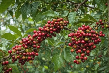 Obraz premium Clusters of ripening Arabica coffee cherries on branch, macro, background, coffee farm