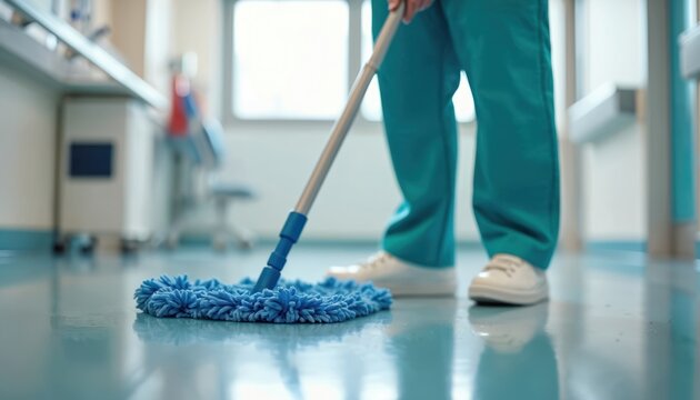 Healthcare worker cleaning hospital floor. Pro sanitizes clinic space with mop. Hygiene maintenance concept. Cleanliness safety in medical facility. Disease prevention, virus control in healthcare