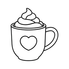 a cup hot cocoa whipped cream heart line art vector silhouette
