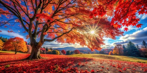 A Majestic Tree Stands Tall Amidst a Canvas of Vibrant Autumn Colors, Casting Long Shadows on a Sun-Drenched Meadow
