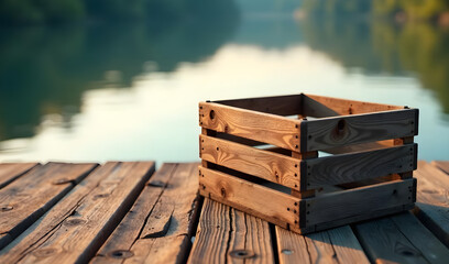 A rustic wooden crate on a worn wooden pier overlooking a serene, calm lake at early morning. Soft, warm sunlight casts a gentle glow on the crate, subtly highlighting the weathered texture of the woo