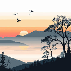 Serene mountain landscape with birds and trees at sunset