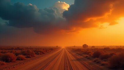 Obraz premium Orange dust storm at twilight, grey clouds loom , desert, weather event