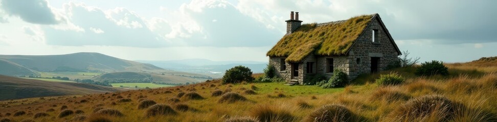 Fototapeta premium Overgrown, crumbling cottage on desolate Bodmin Moor , trees, atmospheric