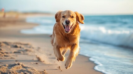 Happy golden retriever running on a sandy beach.