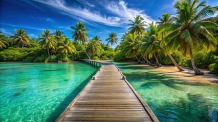 A wooden boardwalk leading through turquoise waters towards a tropical beach with palm trees and lush foliage