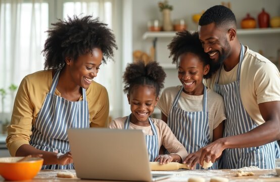 African american family enjoys online cooking class in kitchen. Black mother father daughters prepare food, using laptop computer. Smiling kids help with rolling dough. Happy family spends time at - Powered by Adobe