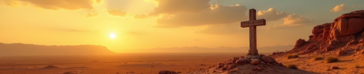 Fototapeta premium Ancient weathered wooden cross silhouetted against a vast, sun-drenched desert landscape , perspective, shadow