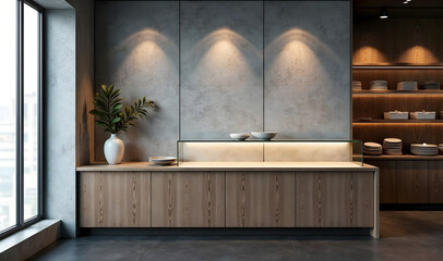 A modern, minimalist retail store display counter with an empty glass shelf in front of a gray stone backdrop, perfectly lit from the left with soft overhead studio lights to create subtle reflections