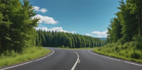 Naklejka premium Asphalt road curves through lush green forest, blue sky above , perspective, calm, way