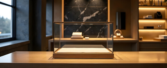 A minimalist, empty, glass jewelry case on a polished wood store counter at sunset, surrounded by upscale boutique fixtures and subtle golden decor accents. The case is partially open, revealing a ref