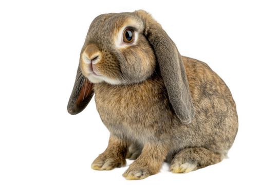 Floppy-eared rabbit resting gently on isolated, transparent background, showcasing soft fur and curious expression in a serene setting