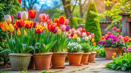 A vibrant garden path lined with terracotta pots filled with colorful tulips blooming in the springtime sun