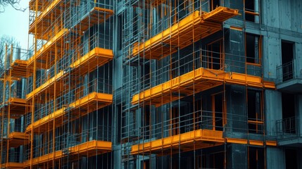 Obraz premium Orange scaffolding on urban apartment building construction