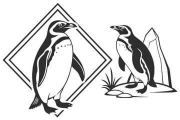 93 Penguin silhouettes, black and white illustration, graphic design, minimalist art, emperor penguins, symmetrical composition, vector graphics, wildlife icons, Antarctic animals, standing poses, sid