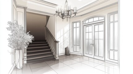 Elegant interior design sketch of a grand foyer.