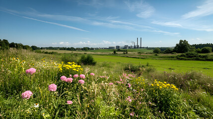 Obraz premium Colorful Meadow With Pink Flowers And A Factory In The Background