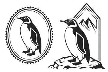 93 Penguin silhouettes, black and white illustration, graphic design, minimalist art, emperor penguins, symmetrical composition, vector graphics, wildlife icons, Antarctic animals, standing poses, sid