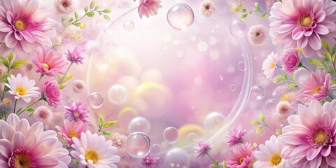 Fototapeta premium Delicate pink flowers surrounded by sparkling bubbles, an ethereal dreamscape of floral beauty and shimmering light