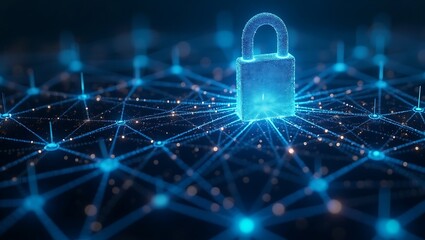 Obraz premium Digital Padlock Security on a Network, Connecting Nodes with Light Blue Lines
