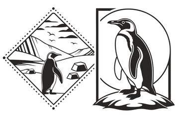 93 Penguin silhouettes, black and white illustration, graphic design, minimalist art, emperor penguins, symmetrical composition, vector graphics, wildlife icons, Antarctic animals, standing poses, sid