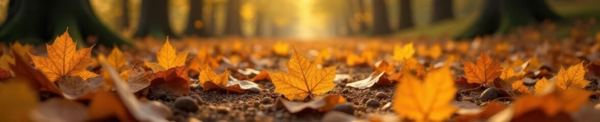 Golden autumn leaves scattered on forest floor, fall, still life