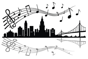 Obraz premium 94 Sound wave cityscape, musical notes, black and white, minimalist, abstract, audio visualization, urban skyline, reflection in water, geometric shapes, rhythm illustration, music landscape, audio sp